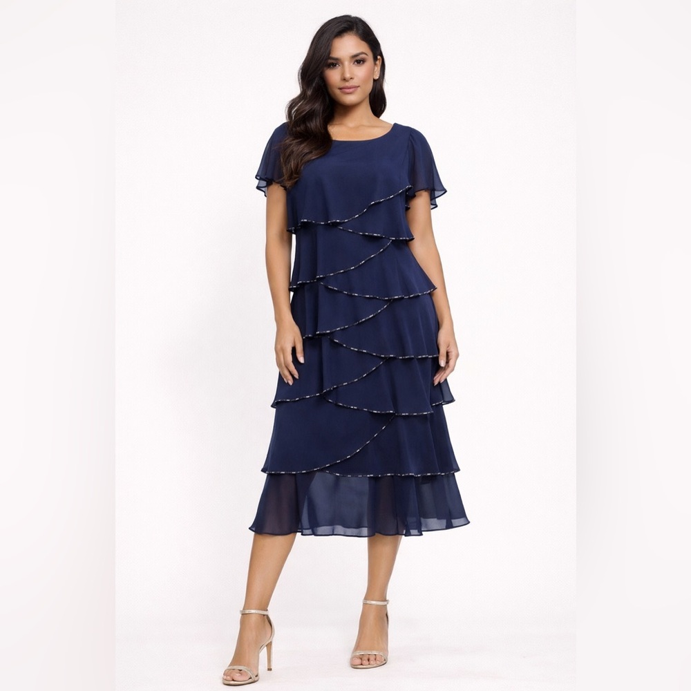 SLNY women’s Layered Chiffon navy Dress Beaded Trim Tiered Formal Size 12 ruffle